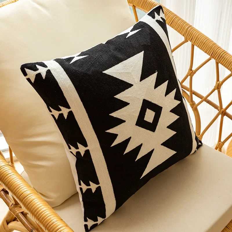 Modern Black and White Embroidered Cushion Cover Geometric Fully Embroidered case Cover Home Sofa Decoration CasesM251119