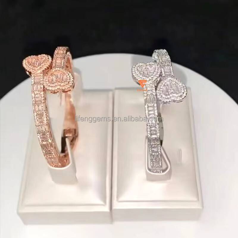 Lifeng Jewelry Moissanite Bracelet Ice Hip Hop Baguette Cut Diamond Heart Shape Bangle Bracelet Silver Rose Gold Plated Wome