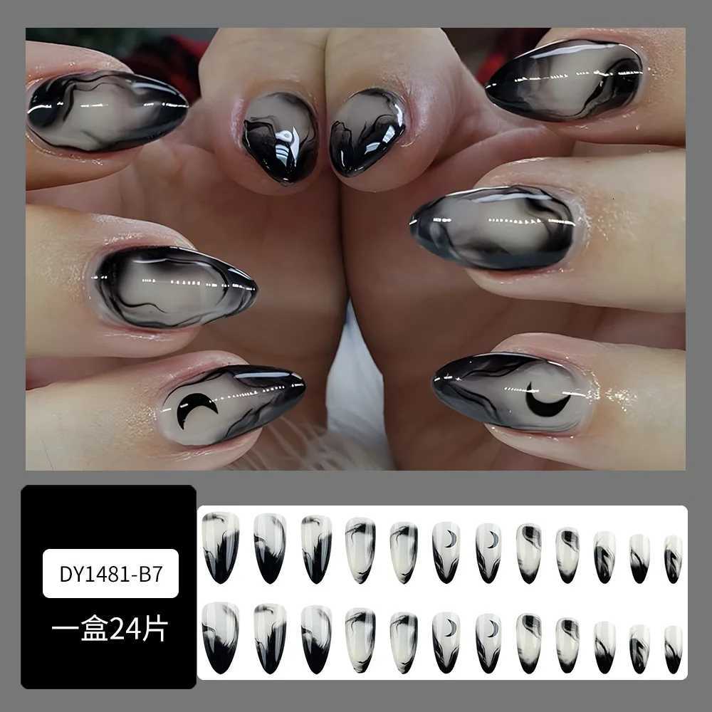 Spice Girls Pointed Artificial Nails Press On Long Almond Y2k False Nails Ink Chinese Style Fake Nails Black Gradient French TipT251118T251119