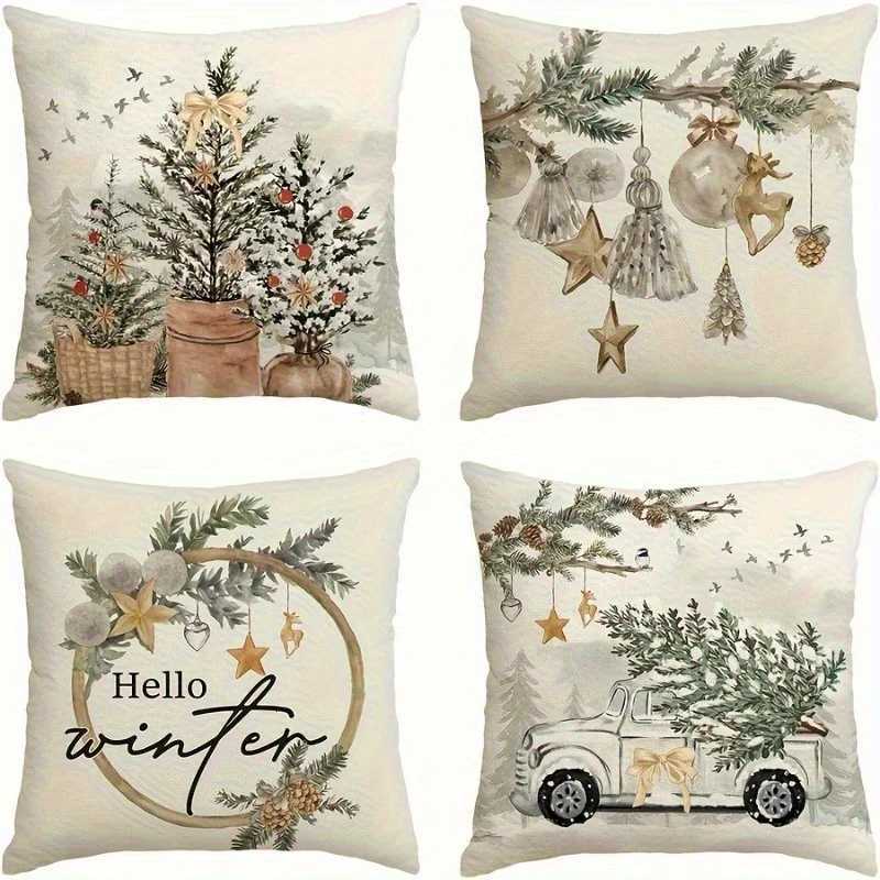4pcs Country Style Covers Includes Hello Winter Christmas TreeHolly Berry and Vintage Truck Designs for Home DecorM251119