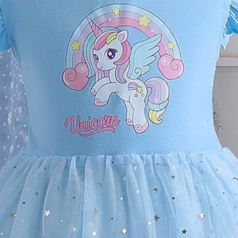 DISNEY kids designer clothes dress short-sleeved unicorn printed mesh Fairy princess dress unicorn dress for girls children birthday short sleeve puff