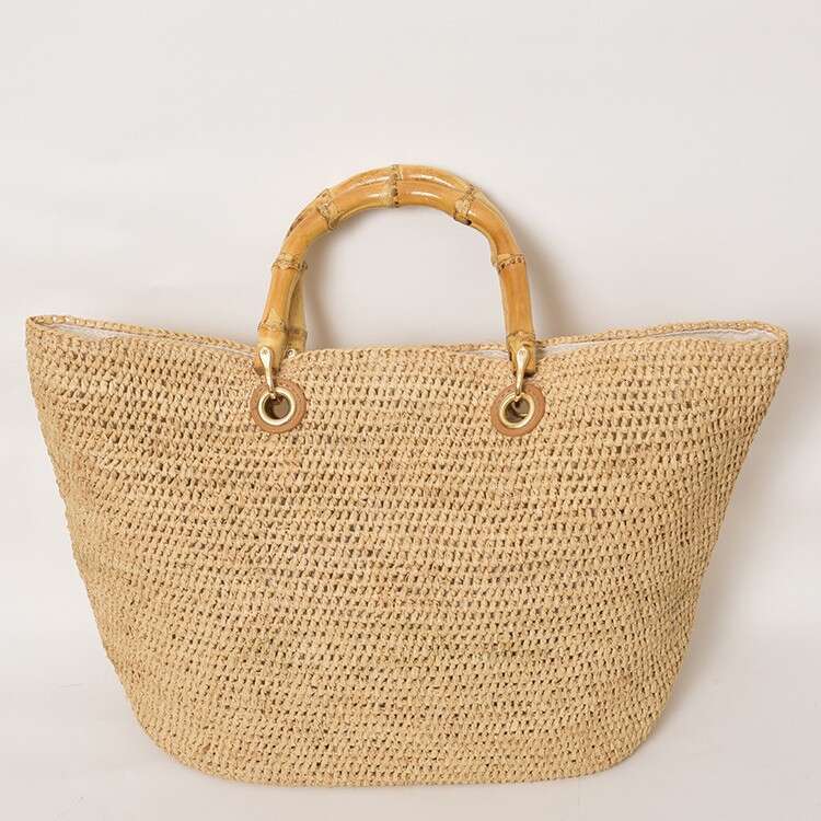 Handmade Beach Bag French Bamboo Handle Lafite Grass Hand Held Summer Hand Woven Beach Vacation Bag Vegetable Basket KQ