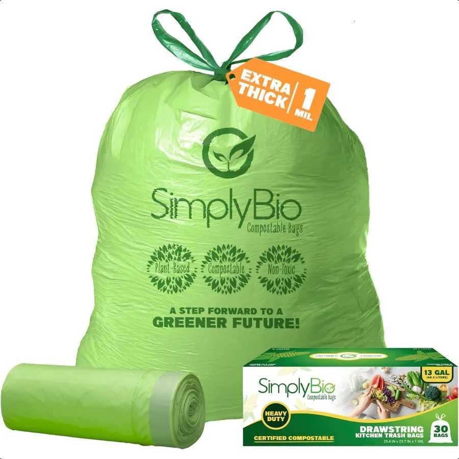 13 Gallon Compostable Trash Bags Liners Drawstring Heavy Duty Extra Thick 1 Mil 4921 Liter 30 Bags Tall Kitchen Food Scrap Was C251119