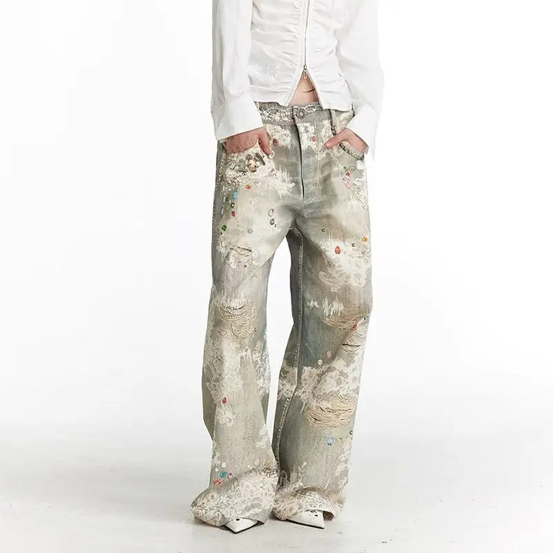 American retro vintage graffiti 3D printed jeans for couples ins high street hip-hop straight leg pants pants 250418