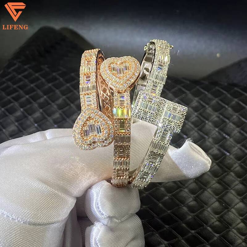 Lifeng Jewelry Moissanite Bracelet Ice Hip Hop Baguette Cut Diamond Heart Shape Bangle Bracelet Silver Rose Gold Plated Wome