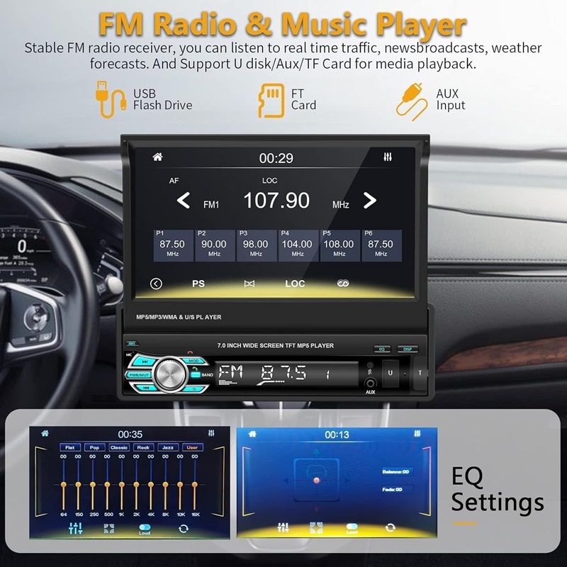 Retractable 7 inch Touch Screen Flip Out Screen Car Stereo with Wireless Carplay and Android Auto, Radio Support Bluetooth/SWC/USB/FM + Backup Camera 
