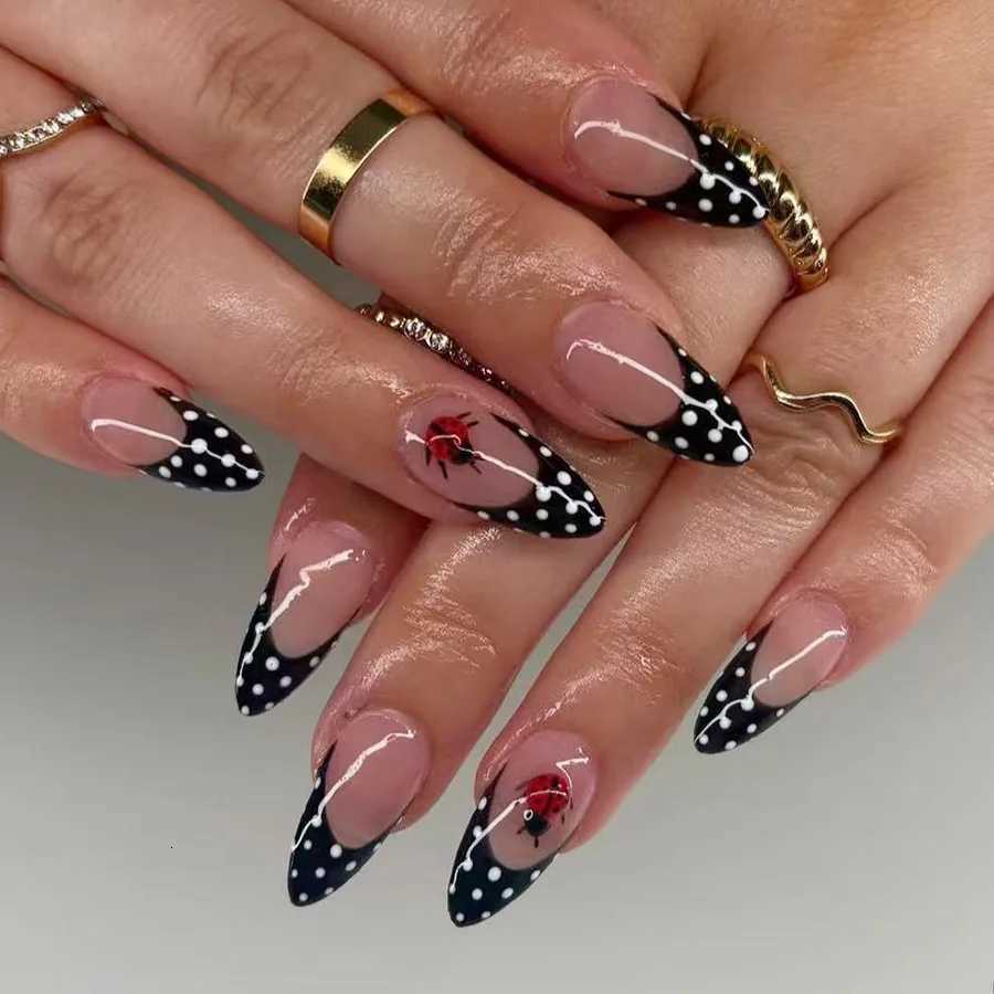 24pcs Blue Press on Nails with Polka Dot Pattern Design Almond Full Cover Nail Tip Flower Rhinestone False Nail French Fake NailT251118T251119