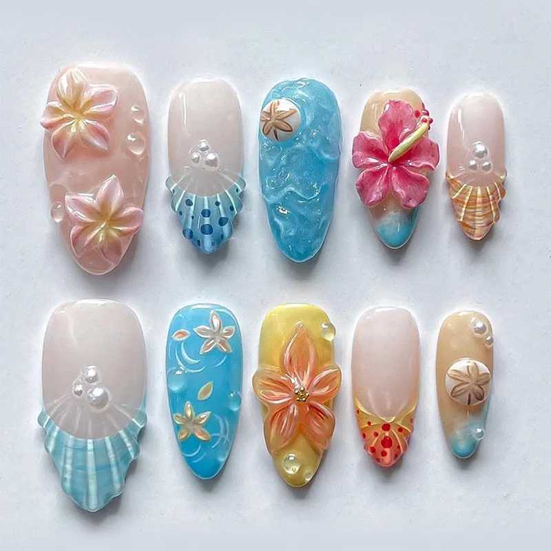 24PCS 3D Flower Shell Starfish False Nails Blue Gradient Diamonds French Fake Nails for Women Wearable Almond Nail ManicureT251118T251119