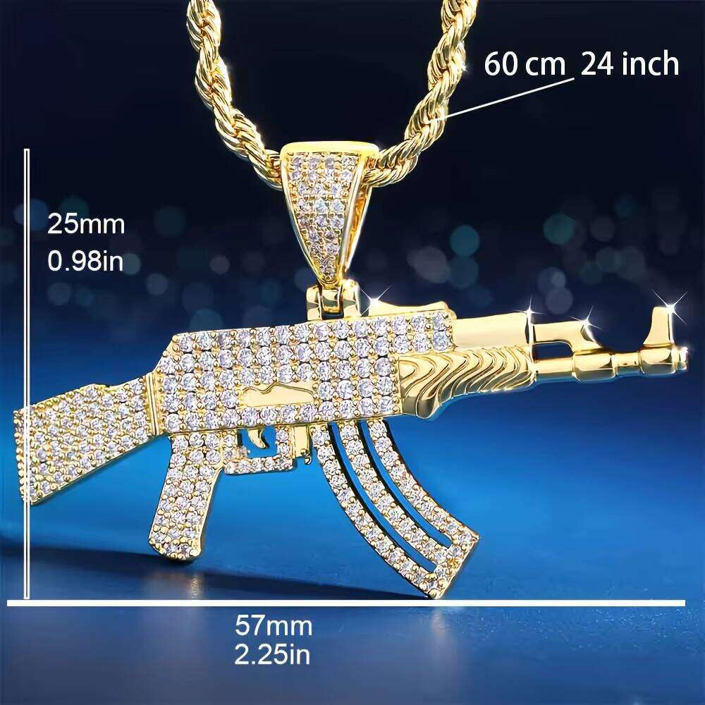 Personalized AK47 Gold-Plated Rifle Charm Hip-Hop Punk Jewelry Rope Chain moissanite Ice-Cold Straight Pull Gun Pendant Men's Necklace