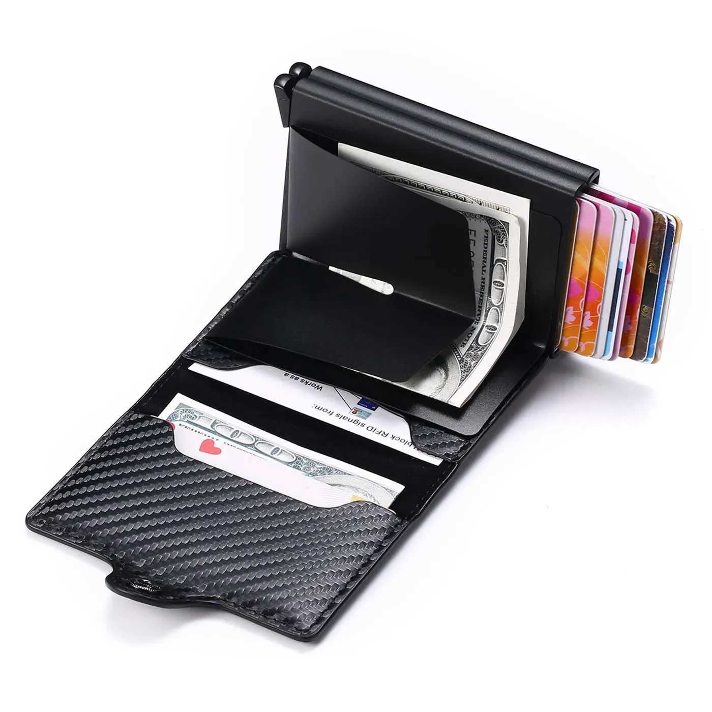 Mens Carbon Fiber Double-layer Wallet - Free Name Engraving - RFID Blocking Mini Card Holder 12-14 Slots - Small Money PurseT251119