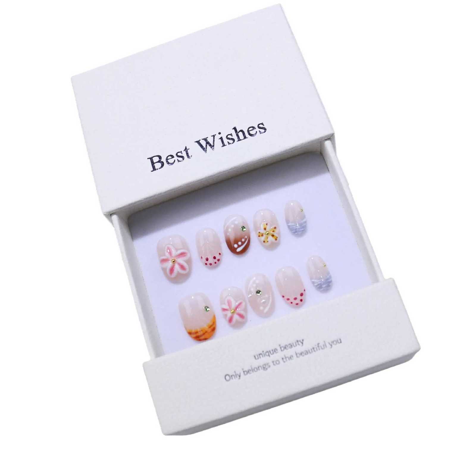 10pcs Handcrafted Almond-Shaped White French Press-On Nails with 3D Floral Design - Glossy Finish Short Length for Women/GirlsT251118T251119