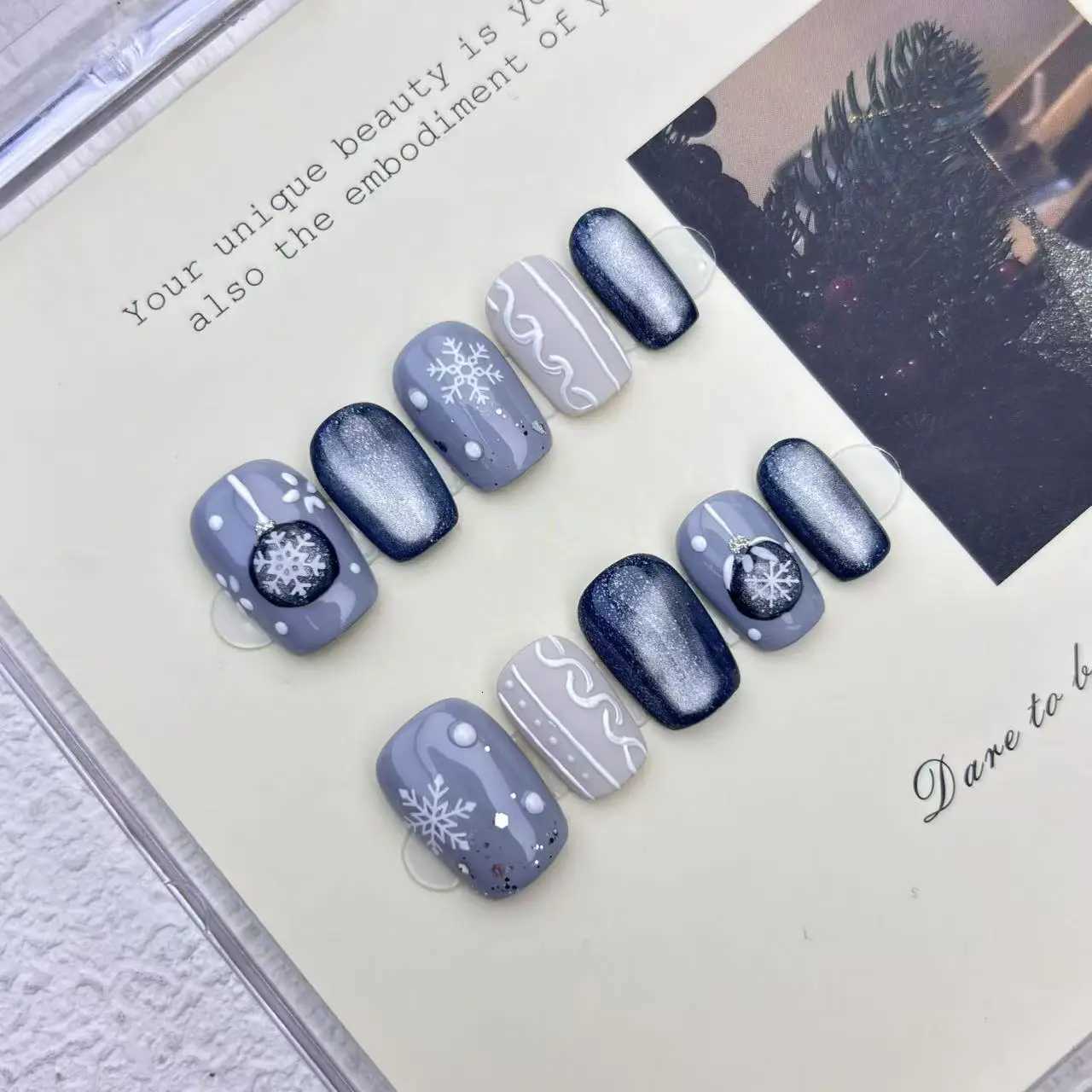 10pcs Handmade Press on Nails Christmas Frozen Blue Cat-Eye Full Coverage Nail Tips for WomenGirl Removable Wearable Nail ArtT251118T251119