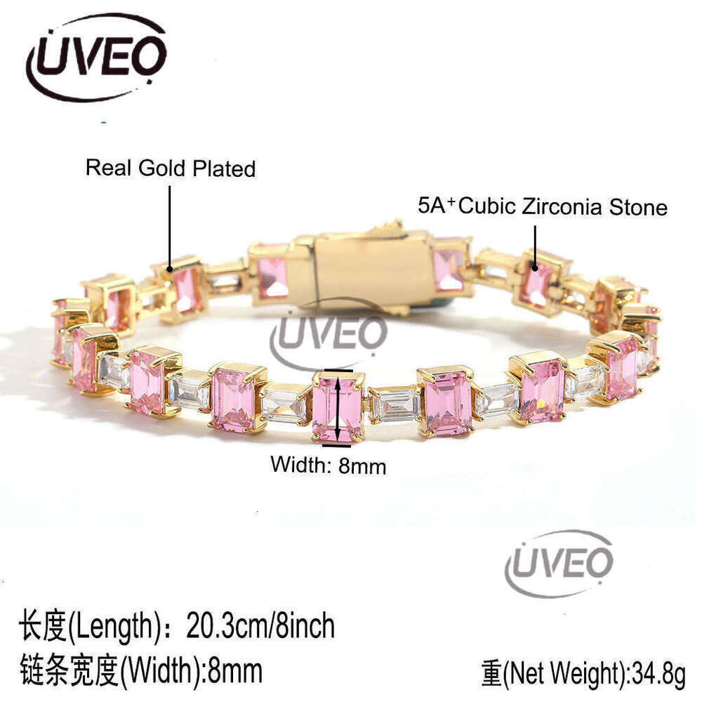 Luxury designer Pink square ice out VVS Moissanite tennis collarbone chain, hip hop necklace bracelet for men and women Free delivery