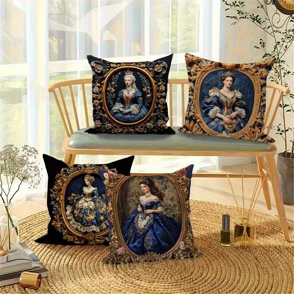 4pcs Retro Royal Women Covers Elegant Phnom Penh Print Double-Sided Wrinkle-Free Polyester for Living Room DecorM251119
