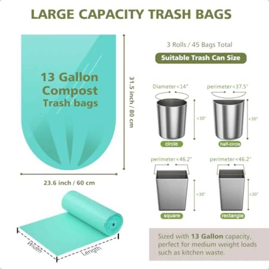 Compostable Trash Bags 13 Gallon Tall Kitchen 45 Count Biodegradable Trash Bags 13 Gallon Garbage Bag Large Compost Bag for Kit C251119