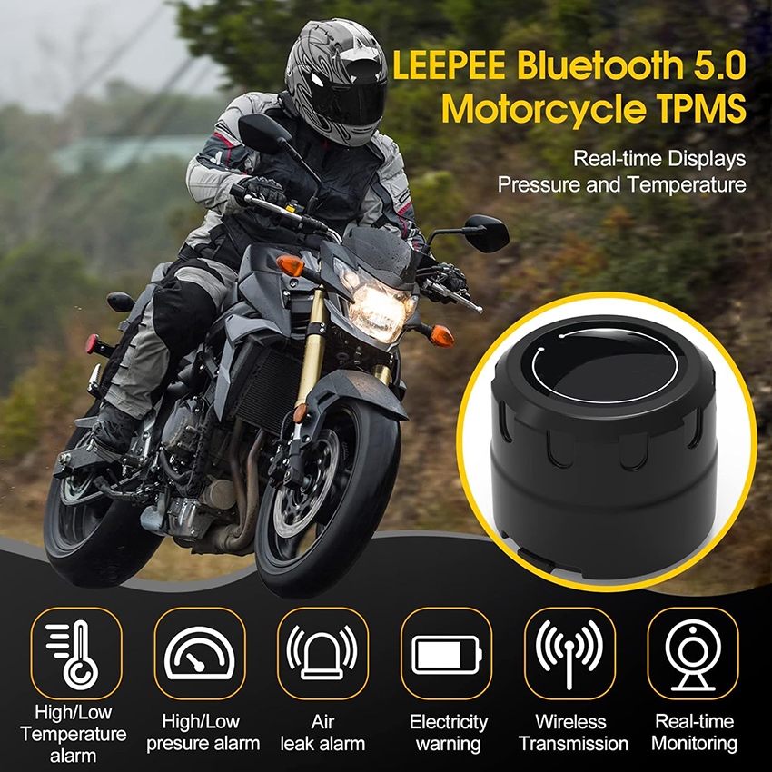 Motorcycle Car Tire Pressure Monitoring System, Tire Pressure and Temperature Alarm, Wireless TPMS with 4 External Sensors, Support iOS and Android