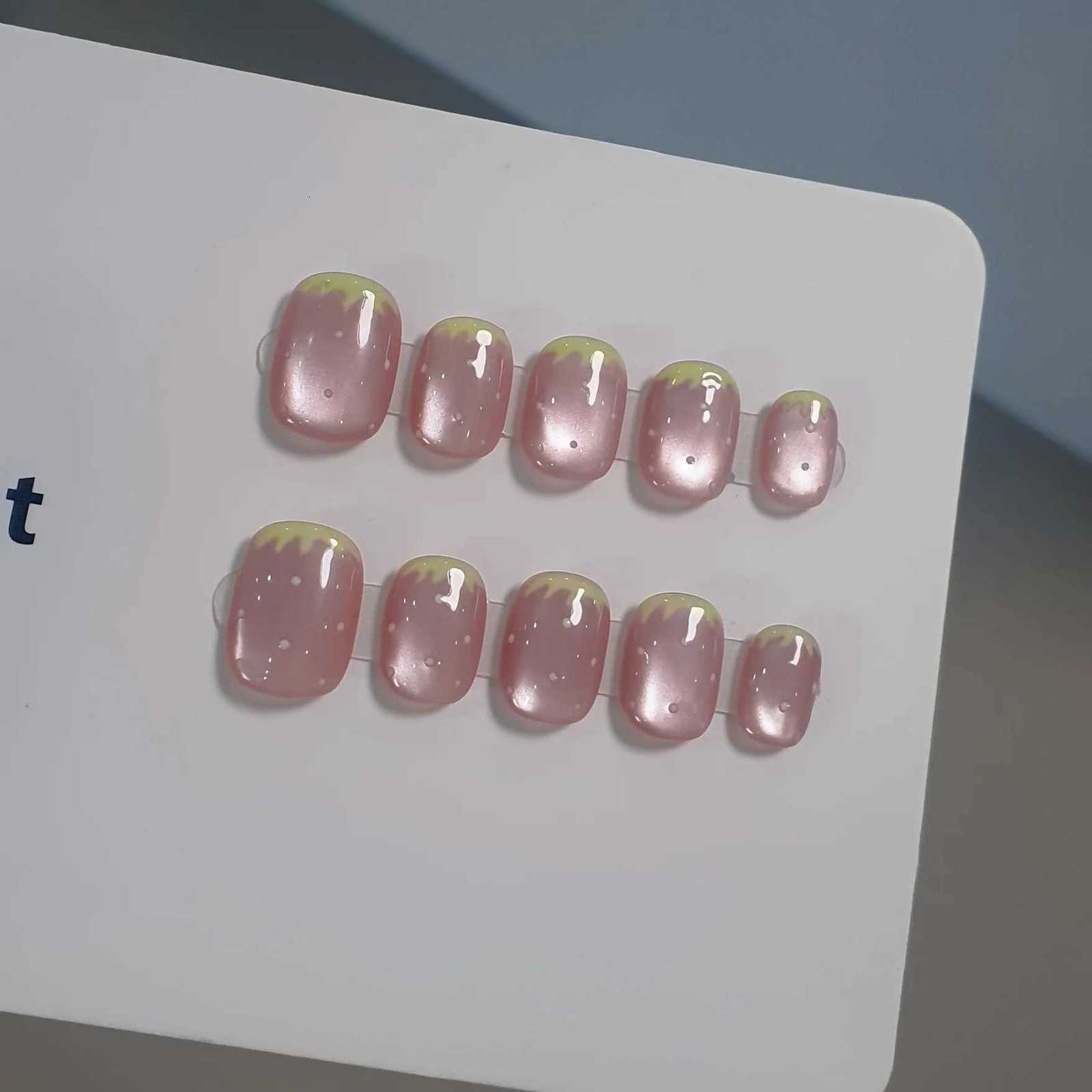 10pcs Handmade Press on Nails Sweet Strawberry Glass Beads Cats Eye Fake Nail Pink Summer Detachable Wearable Nail for WomenT251118T251119