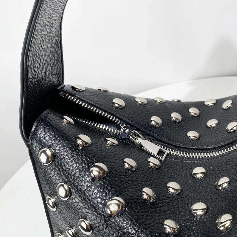 Elena Grain Punk Bags For Women Designer Handbag Purse 2024 New In PU Leather Lychee Texture Full Rivet Underarm Shoulder