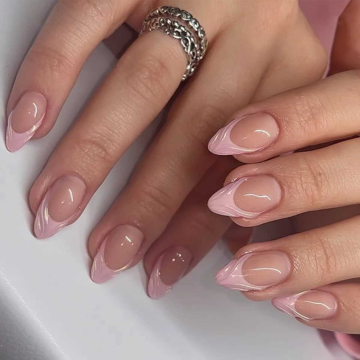 24Pcs Mid-length Almond Press on Nails with Flower Shiny Powder Design Fake Nail Detachable Finished Full Cover False Nails TipsT251118T251119