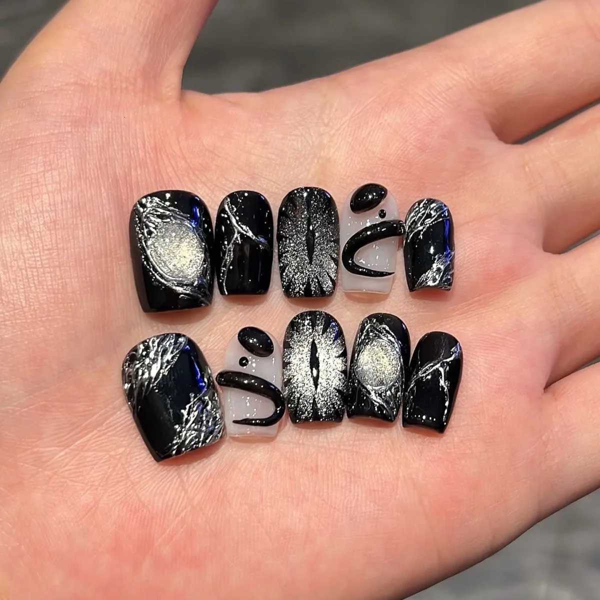 10Pcs Short Handmade Full Cover Round Head Ballerina False Nails with Design Manicure Press On Nails Artificial Wearable NailsT251118T251119