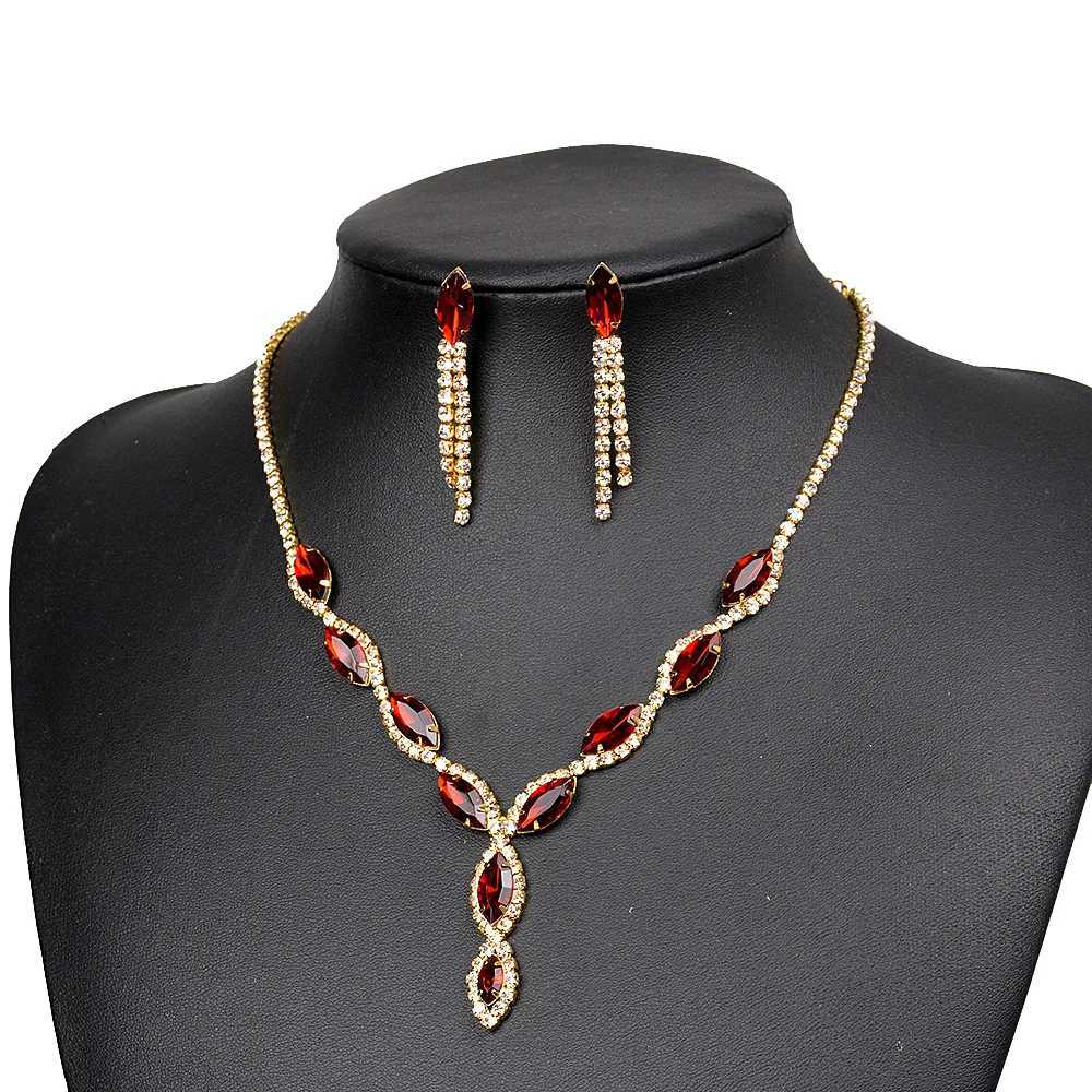 BLIJRY Gold Red Crystal Wedding Party Jewelry Set Female Accessories Charm Necklace Earrings Bridal Jewelry SetT250419
