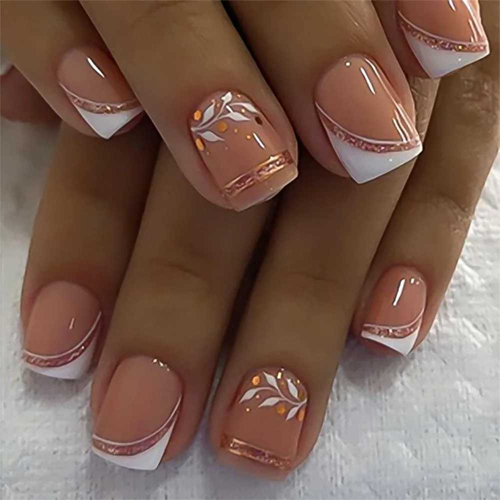 24Pcs Short Nude Square Fake Nail Colorful French Simple Flower Design Press on False Nails Detachable Full Cover Nails Tips ArtT251118T251119