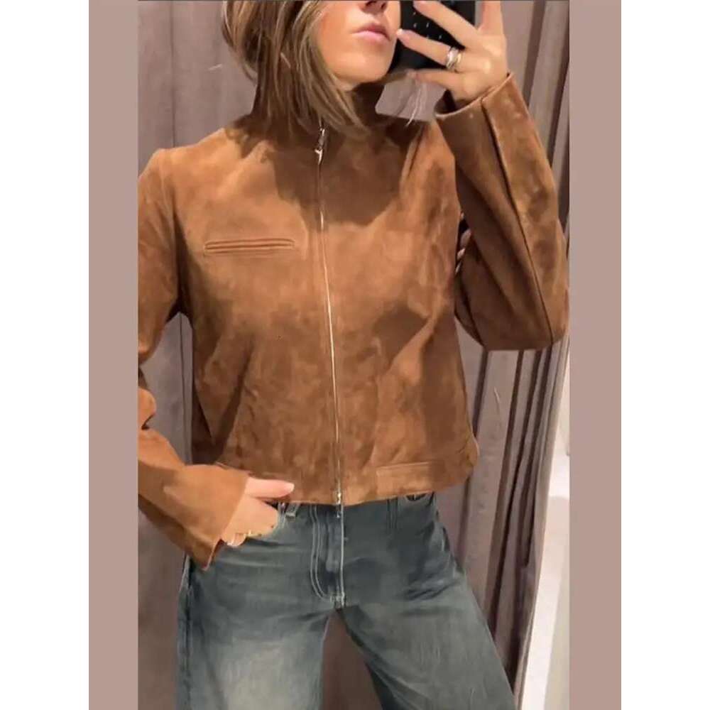 Designer Clothes 2025 Spring Short Suede Jackets Women Brown Stand Collar Zipper Long Sleeve Female Coats Fashion Street Y2k Lady Outwears
