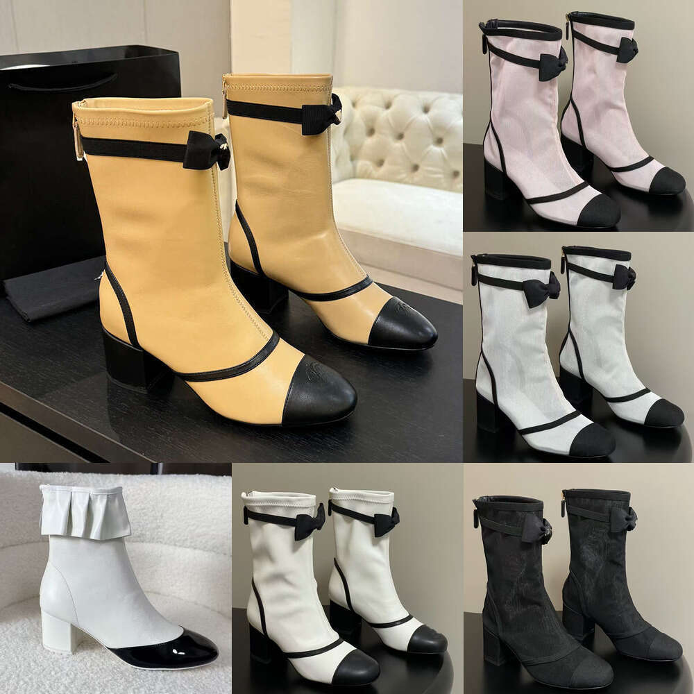 25c new Designer women bootie Trendy Bow Net Mesh ankle boots Kitten Heels Chunky Heel boots Thick heel fashion Mid-Calf womens boots for White women shoe shoes