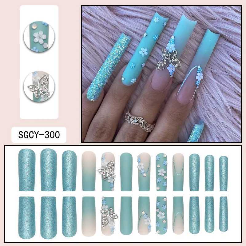24 Piece Long Coffin Blue Frenchflower Pattern Fake Nails ABS Full Cover Glossy Fake Nails Summer CollectionT251118T251119