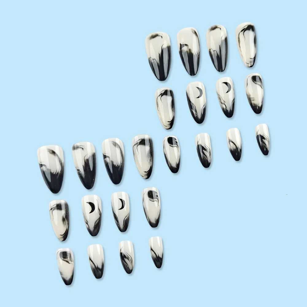Spice Girls Pointed Artificial Nails Press On Long Almond Y2k False Nails Ink Chinese Style Fake Nails Black Gradient French TipT251118T251119