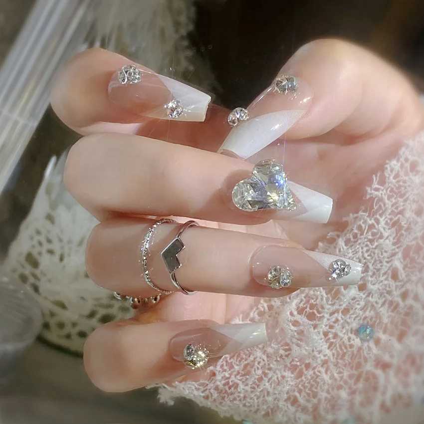 24Pcs Long Ballerina Fake Nails Sparkly Diamond Designs Press on Nails White Pearl Clear False Nails for Women Bride WeddingT251118T251119
