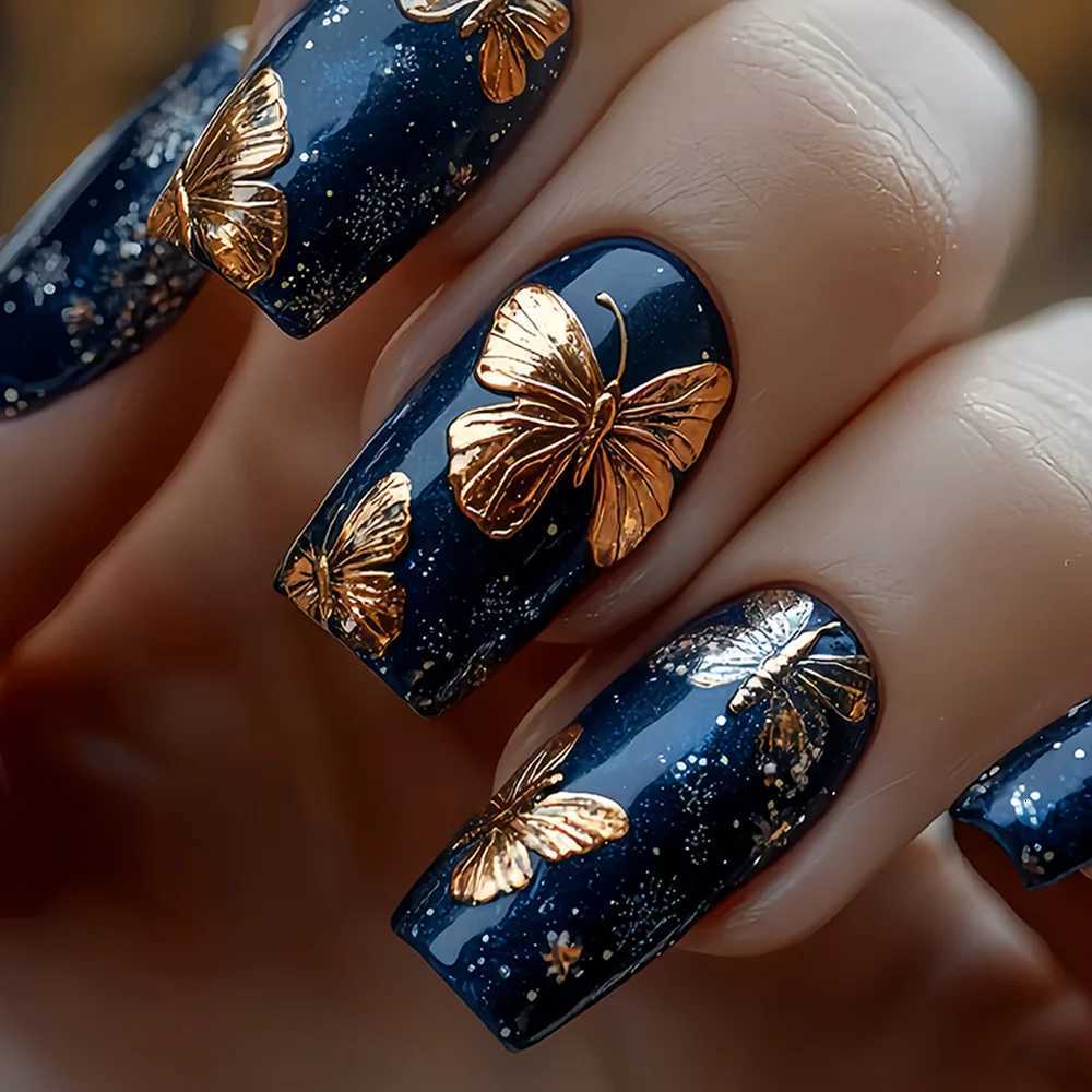 24Pcs Mid-length Square Head Press on False Nails with Golden Butterfly Full Cover Nails Tips with Jelly Glue Wearable Fake NailT251118T251119