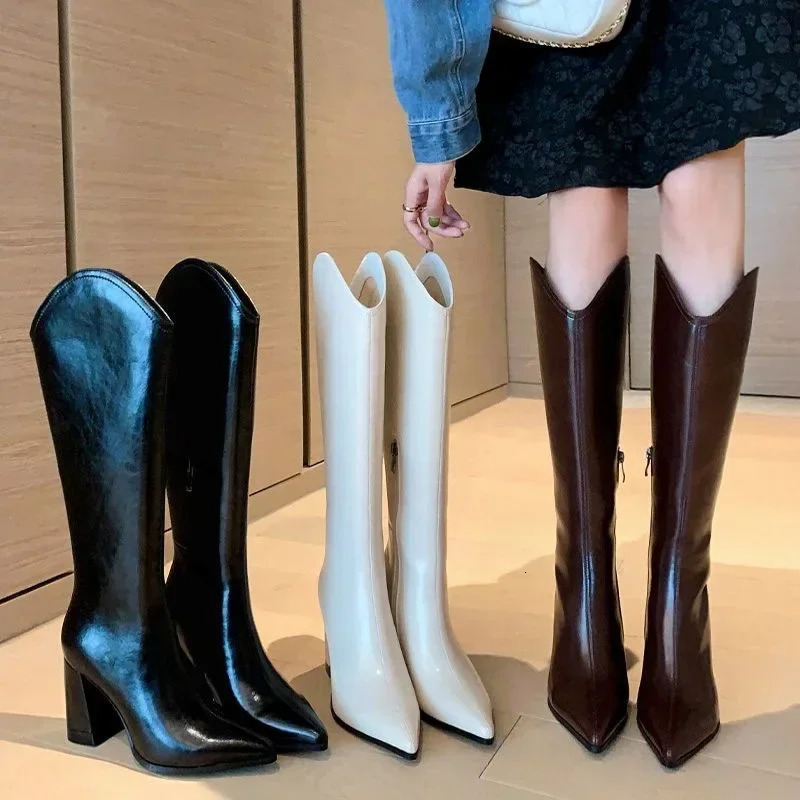 PU leather boots womens fashionable V-port Pointed Toe knee high heels womens sexy thick high heels 250418