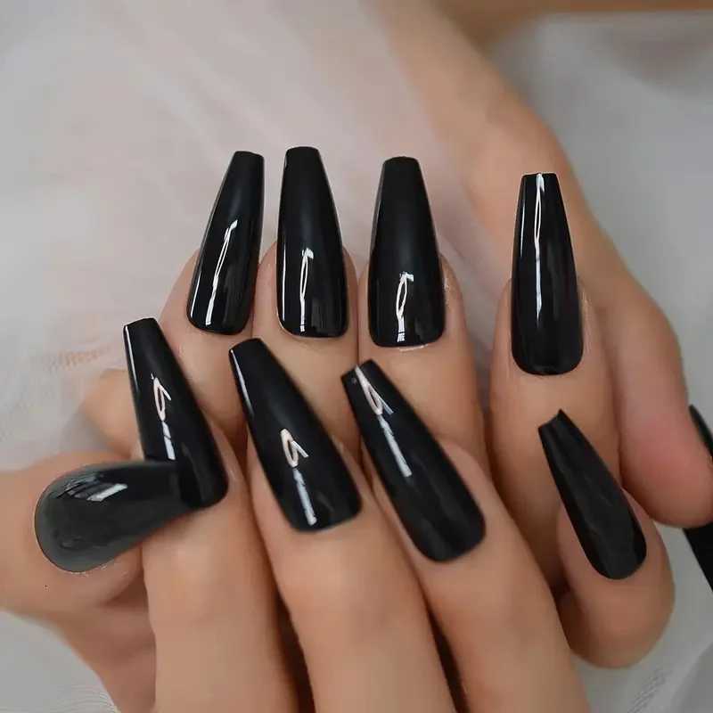 120pcs Long Coffin Black Press-On Nails Full Cover Ballet Square Shape False Nails Solid Color Glossy Finish Durable Fake NailsT251118T251119