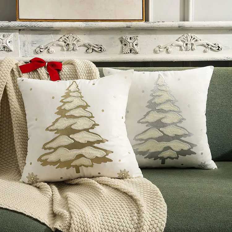 Elk Christmas Tree Hot Stamping Cover Autumn and Winter Snowflake Embroidery Cushion Cover 45X45CMM251119