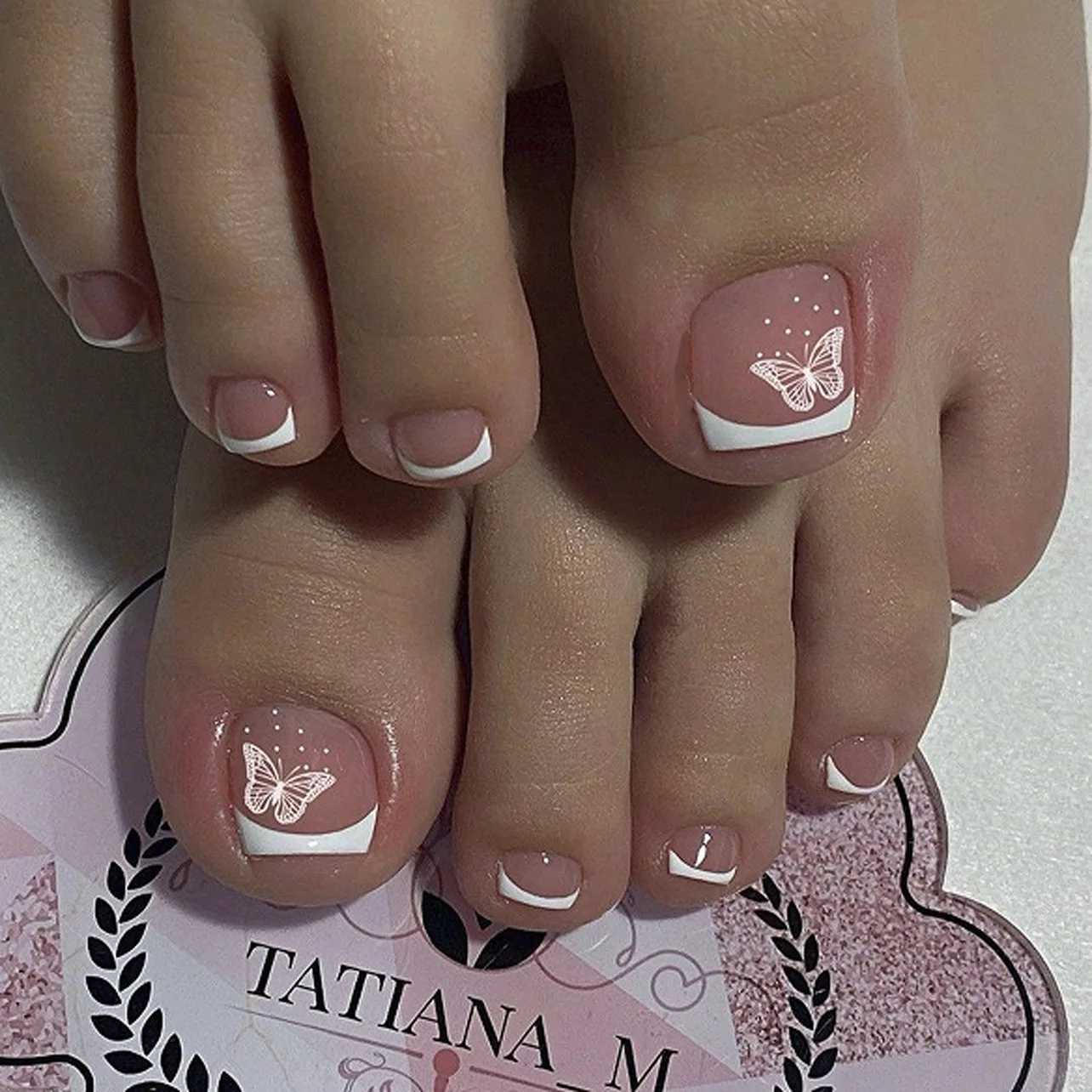 96Pcs/Box French Fake Toenails Butterfly/Flower Design Short Square Press On Toenail Glossy Full Cover False Toe Nail ExtensionT251118T251119
