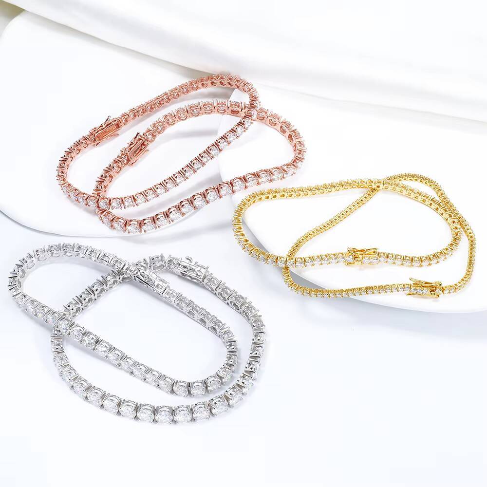 Wholesale Hiphop Jewelry 4mm Four Claws 925 Silver White Yellow Rose Gold Plated Round Brilliant Cut Moissanite Tennis Bracelet