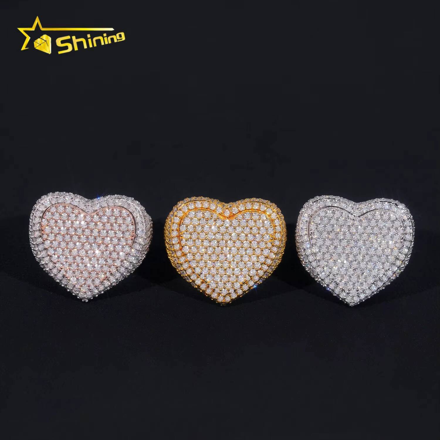 Fully Iced Out Heart Design 925 Silver Two Tone Men GRA Certificate Moissanite Hip Hop Ring