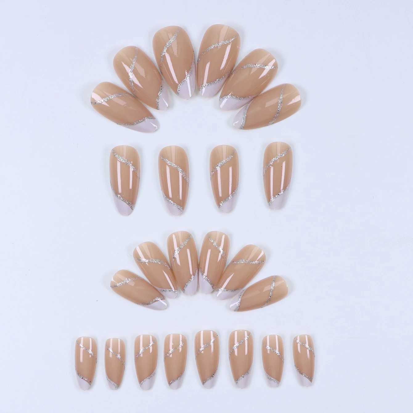 24PCS Medium Almond Fake Nails With Silver Vortex Design White French Pointed Fake Nails Reusable Acrylic NailsT251118T251119
