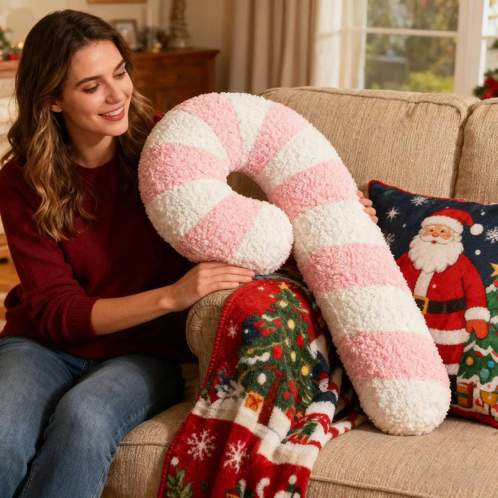 Christmas Lollipop Plush Throw Candy Cane Shape Soft Cushion for Bedroom Sofa Living Room Home Decor Xmas Holiday GiftM251119