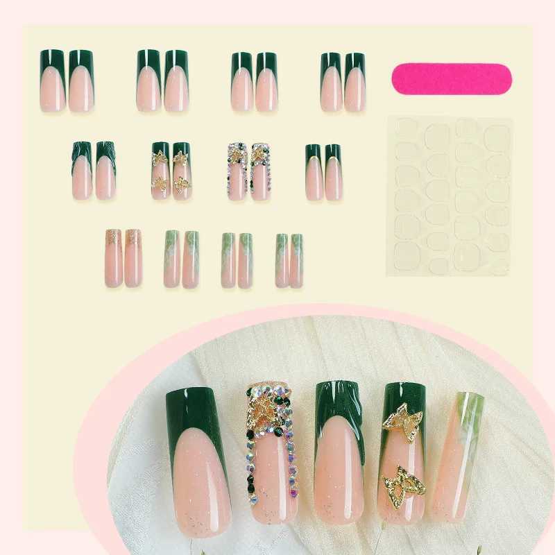 1Sets Long Butterfly French Press On Nails With Sparkling Diamond Decor Green And Pink False Nail Tips Wearable Sweet Fake NailsT251118T251119