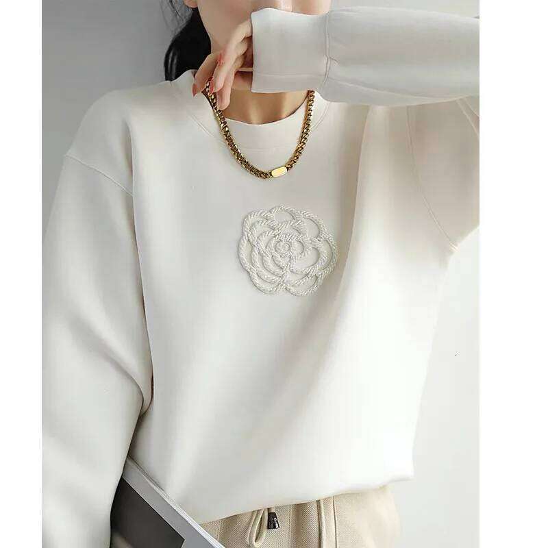 Fall Winter 2026 Women's Sweatshirt Pullover Tops Three-Dimensional Flowers Beading Loose Long Sleeve Casual White Black