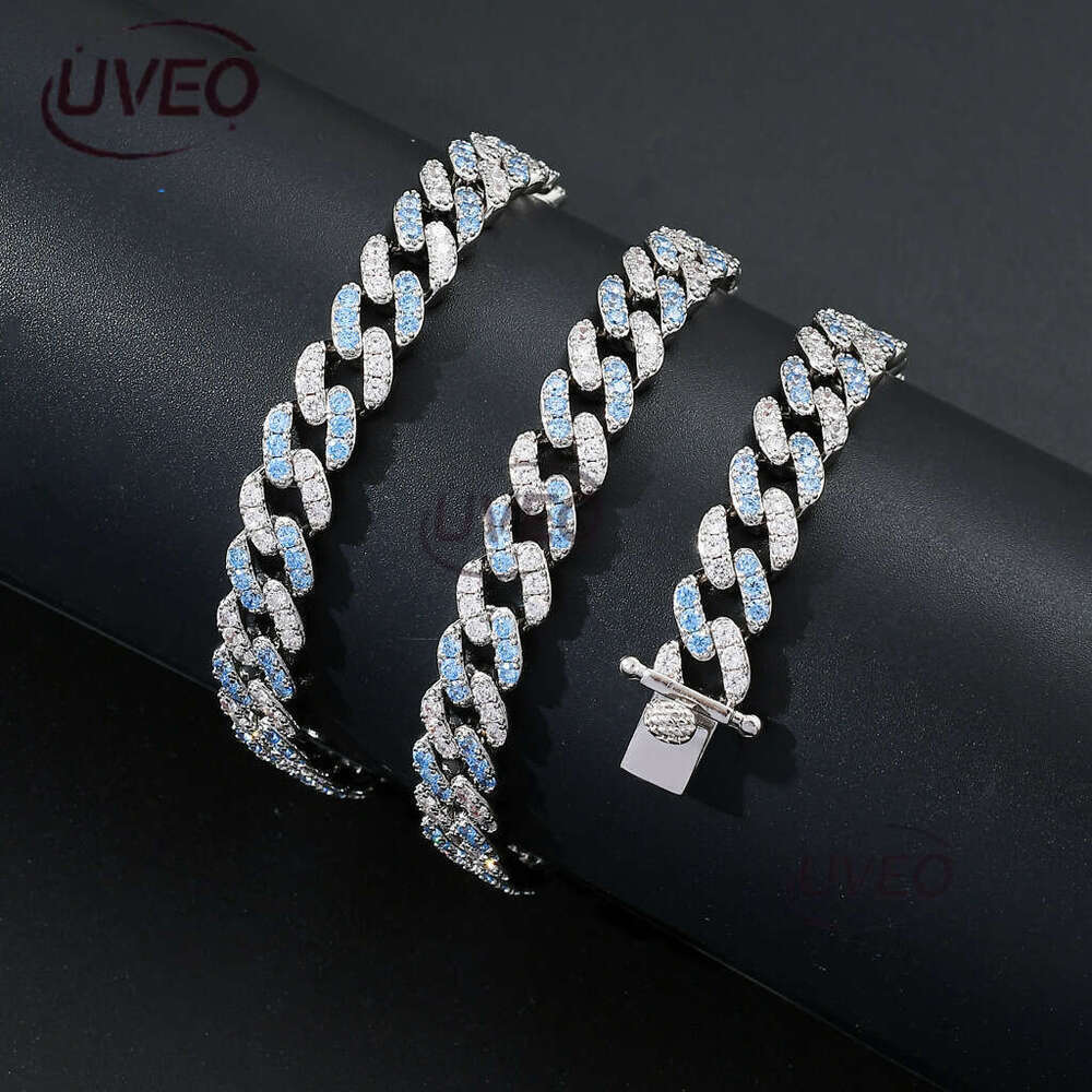 Luxury Hip Hop Necklace 9mm single row blue and white ice out VVS Moissanite Hip Hop Cuban even men and women Free delivery