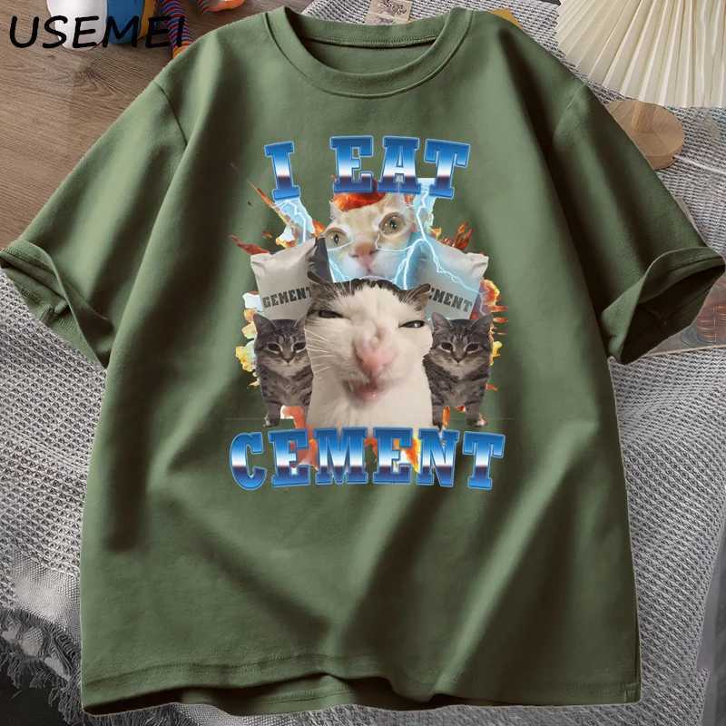 I eat cement interesting cat meme T-shirt cotton short sleeved silly ugly cat print T-shirt casual O-neck graphic T-shirtW250419