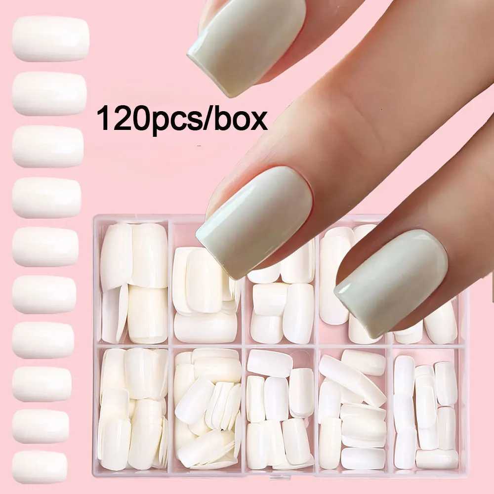 120Pcs Milk White Press On Nails Glossy Medium Square Gel False Nails 10sizes Full Cover Reusable Daily Fingernails DecorationsT251118T251119