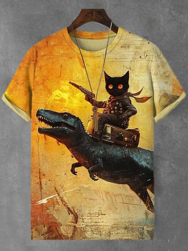 2025 mens T-shirt cartoon laser cat dinosaur art 3D printing T-shirt mens short sleeved O-neck T-shirt casual street Y2k topW250419