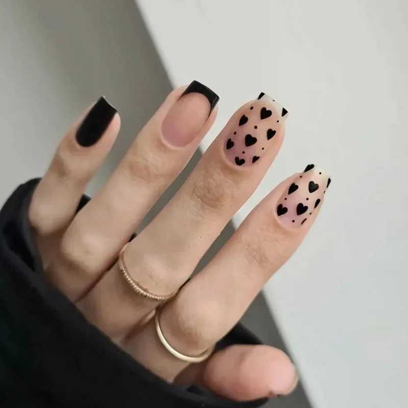 Black French Cute Love Heart Wearable Nail Art Glossy Short Fake Nails Detachable Finished False Nails Press on Nails with GlueT251118T251119