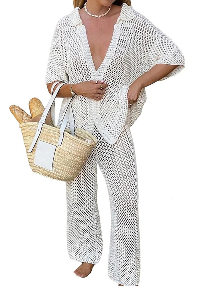 OIINAA twopiece bikini top womens long pants set beach hollow short sleeved summer 2025 fashionable wear 250415Z