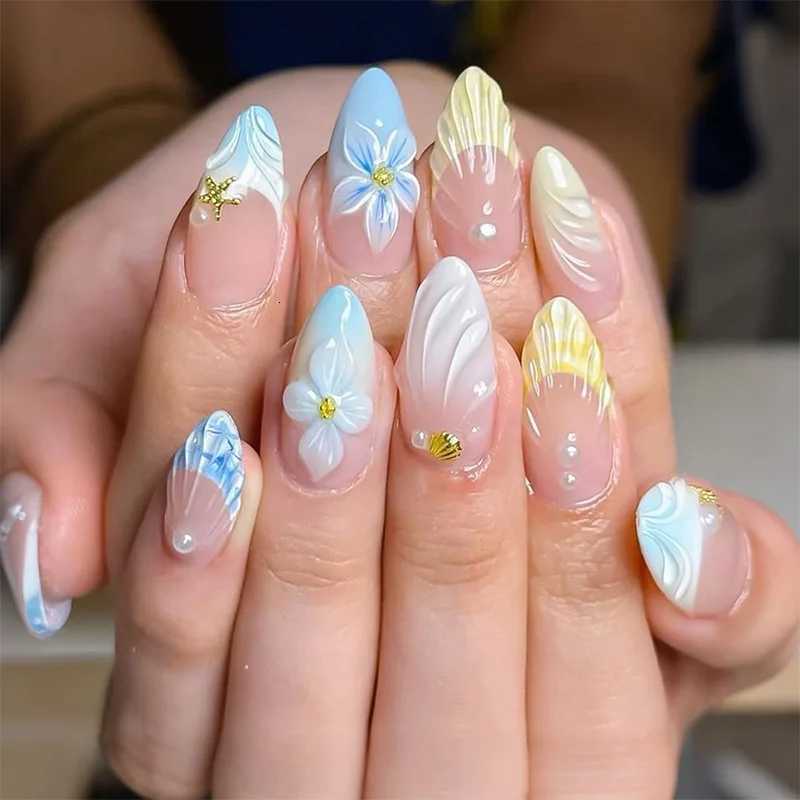 24pcs Almond Press on Nails Set Wearable Fashion Rhinestone Argent Smudge Design False Nail Art French Tips Short Oval Fake NailT251118T251119