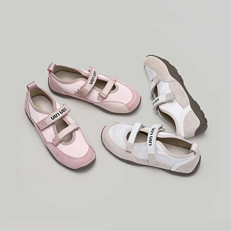 2025 Spring Summer New Korean Style Ballet Mary Jane for Women Pink and Apricot Two-tone Casual Velcro Sports Training Shoes